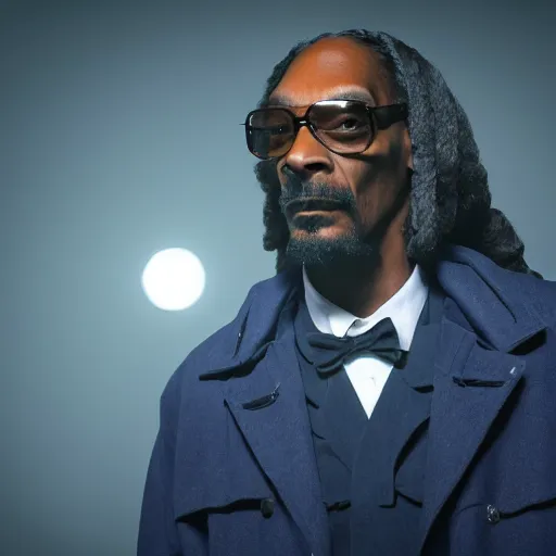 Image similar to snoop dogg as a rough dirty old man with a scruffy beard in a dark blue trenchcoat as the new doctor who, cinematic, volumetric lighting, f 8 aperture, cinematic eastman 5 3 8 4 film, photorealistic