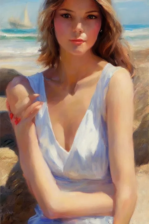Image similar to portrait of a beautiful woman by the beach, morning, highly detailed, ultrarealistic oil painting, vladimir volegov, artstation