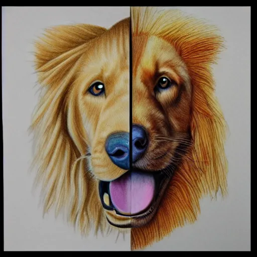 Prompt: finished drawing of a golden retriever lion, crayons. high details, photorealistic, artstation trending