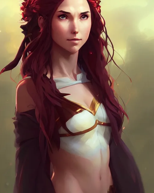 Image similar to portrait of a female druid, simple clothes, fantasy, face like gal gadot, red hair shinkai makoto studio ghibli studio key hideaki anno sakimichan stanley artgerm lau rossdraws james jean marc simonetti elegant highly detailed digital painting artstation pixiv