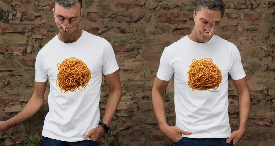 Prompt: spaghetti makes you forgetti your regretti, novelty tshirt