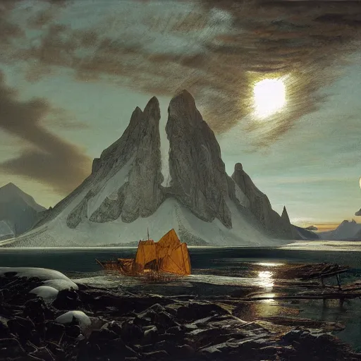 Image similar to ominous emerald crystal emerging from ice, at night, by frederic church, by kent monkman, by caspar david friedrich, king's quest, sierra games