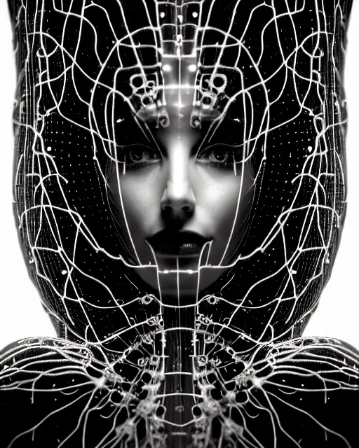 Image similar to black and white cyborg - plant goddess high quality photo, microchip, artificial intelligence, bio - mechanical bio - luminescence, black wired cables, neurons, nerve cells, cinematic, rim light, photo - realistic, high detail, 8 k, masterpiece, high fashion, in the style of steven meisel dora maar h. g. giger