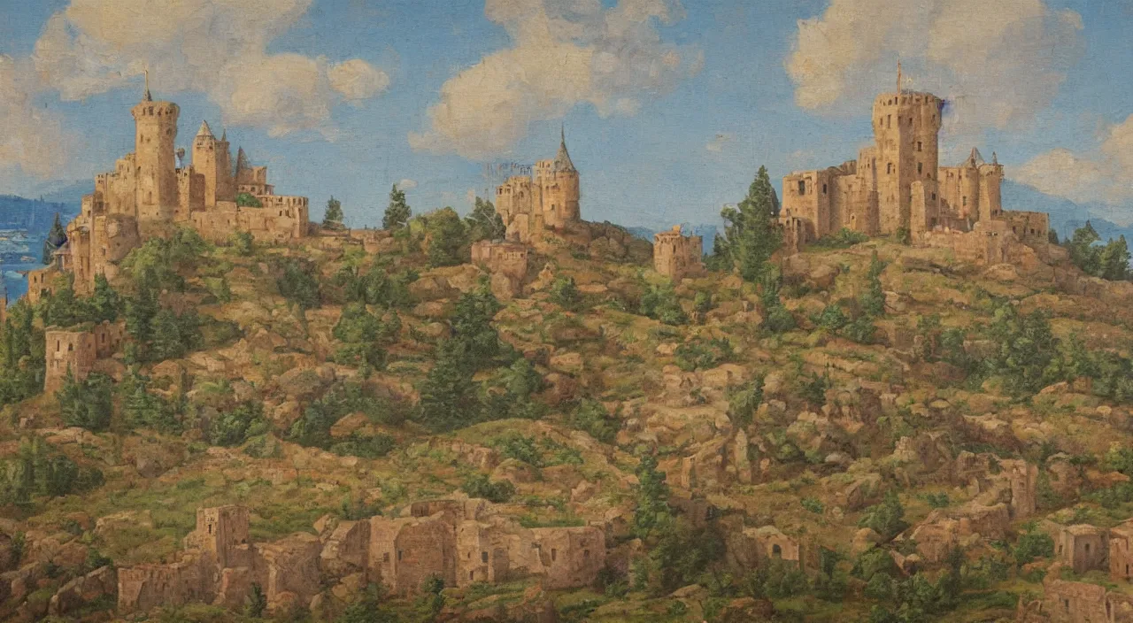 Image similar to a landscape painting of a byzantine castle