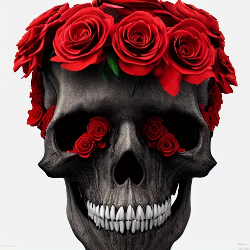 Image similar to skull made of red roses, organic horror, devil, death, giger, epic, baroque, art nouveau, james jean, photorealistic render, 3 ds max + v - ray, extremely detailed and intricate, center composition, elegant, vfx, unreal engine 5, octane render, extremely contrast, extremely sharp lines