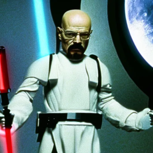 Image similar to A still of Walter White in Star Wars: A New Hope, holding an activated lightsaber