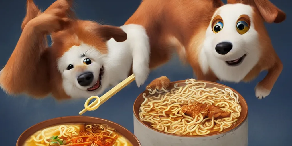 Image similar to A happy dog holding chopsticks and eating a bowl of ramen, hyper realistic, insane detail, Pixar