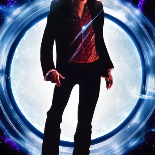 Image similar to a full body photograph of michael jackson as'doctor who ', time vortex in the background, detailed face, symmetrical face, extreme realism and detail, 8 k, completely framed, direct lighting, 3 5 mm photo, photorealistic, sharp focus