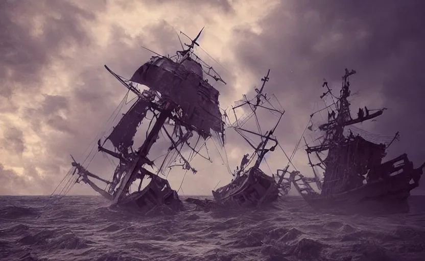 Image similar to “Pirate ship wreck falling from the sky, 4k, cinematic, award winning”