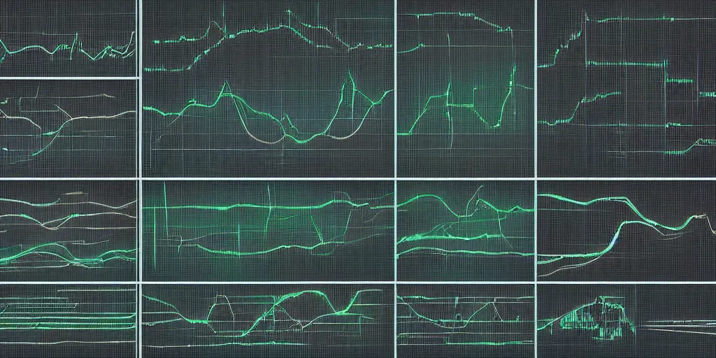 Image similar to sci Fi data readouts, dark screen, charts, bar graphs, abstract shapes, typographical scan of a cave, numbers and lines