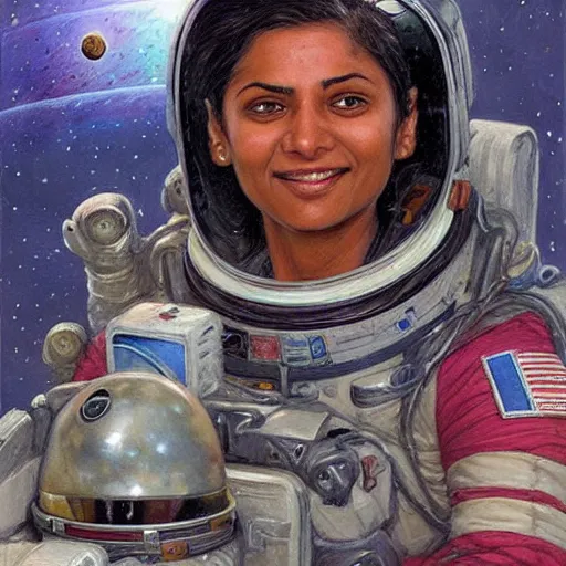 Prompt: a female space cadet from india, resting after a hard mission, happily tired, sci fi character portrait by Donato Giancola