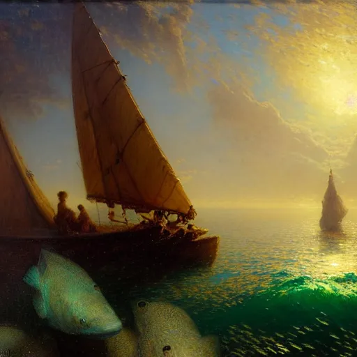 Image similar to point of view of deep in the ocean looking up, you see fishes, higher the milk way, night time, midnight. highly detailed painting by gaston bussiere, greg rutkowski 8 k