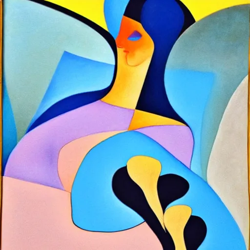 Image similar to woman woman as the natural landscape, her curves form the mountains and rivers of this land, high quality art in the style of cubism and georgia o'keefe,