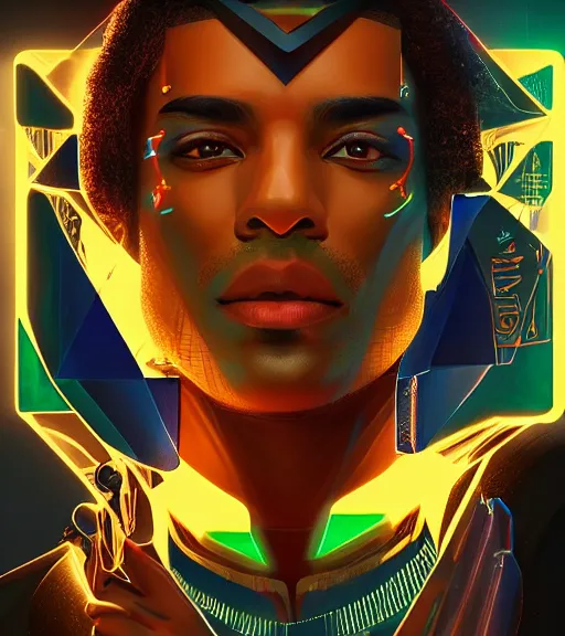 Image similar to symmetry!! egyptian prince of technology, solid cube of light, hard edges, product render retro - futuristic poster scifi, lasers and neon circuits, brown skin man egyptian prince, intricate, elegant, highly detailed, digital painting, artstation, concept art, smooth, sharp focus, illustration, dreamlike, art by artgerm