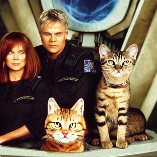 Image similar to stargate sg 1, but the team are cats