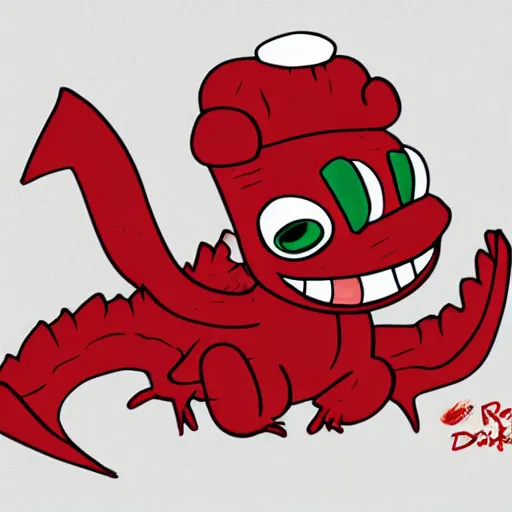 Image similar to red baby dragon wearing a chef's hat, concept art