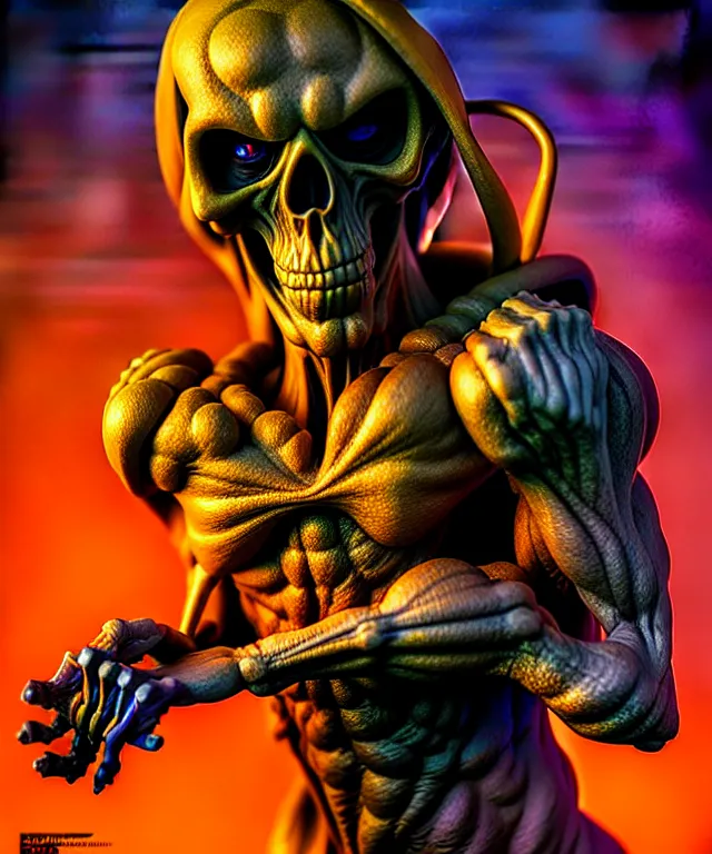 Image similar to hyperrealistic rendering, skeletor, by art of skinner and richard corben and jeff easley, product photography, action figure, sofubi, studio lighting, colored gels