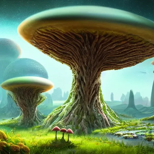 Prompt: an alien landscape with giant mushrooms and plants. Some alien animals are walking around. In the background you can see a futuristic city. Happy, uplifting. Detailed digital matte painting
