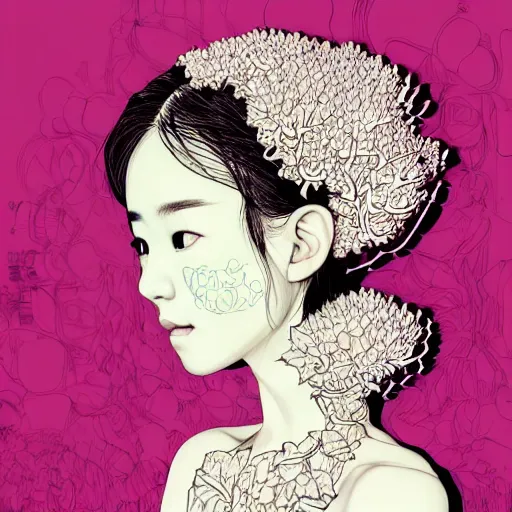 Image similar to the portrait of an unbelievably beautiful, elegant and cute japanese girl partially made of broccoli, an ultrafine detailed illustration by james jean, intricate linework, bright colors, final fantasy, behance contest winner, vanitas, angular, altermodern, unreal engine 5 highly rendered, global illumination, radiant light, detailed and intricate environment