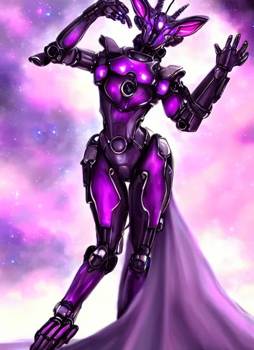 Image similar to cinematic goddess full shot, beautiful stunning hot anthropomorphic robot mecha female dragon, sleek dragon head, metal ears, led purple eyes, smooth fuschia skin, smooth silver armor, floating in space, holding a galaxy, epic proportions, epic size, epic detail, furry art, dragon art, giantess art, warframe fanart, furaffinity, octane