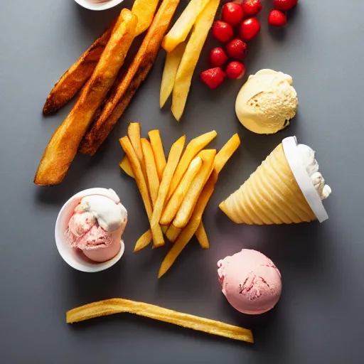 Prompt: ice cream cones and french fries, food photography, studio lighting