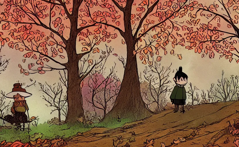 Prompt: an illustrated background of a fall scene from Over the Garden Wall, highly detailed