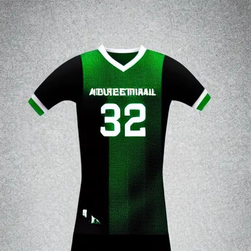 Image similar to A black and green basketball jersey, white background, 3d,