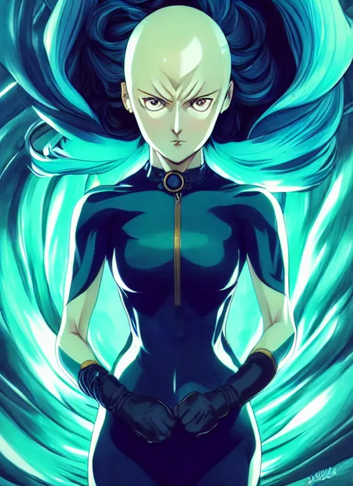 Prompt: style artgerm, joshua middleton, fubuki one punch man with green dress, very long blue hair, swirling water swirling, symmetrical face, symmetrical eyes, steampunk cyberpunk,, cinematic lighting