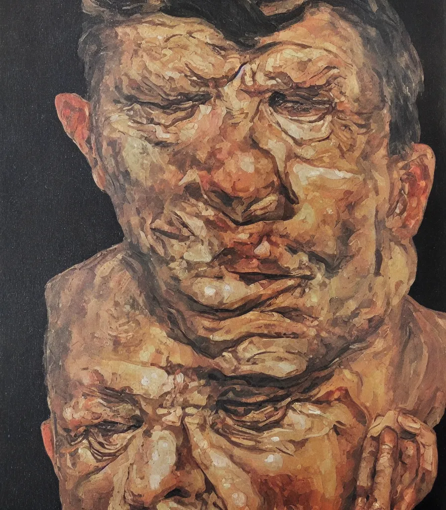 Image similar to head shot of a russian man in the style of lucian freud self portrait. oil painting, thick brush strokes.