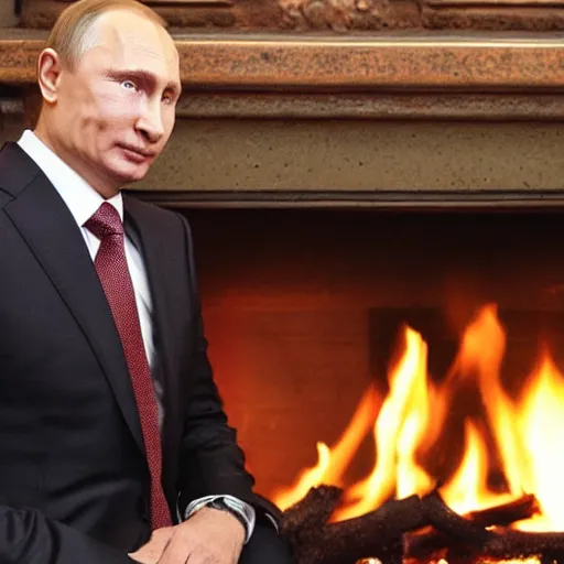 Image similar to vladimir putin behind a log fire smirking reflections lighting