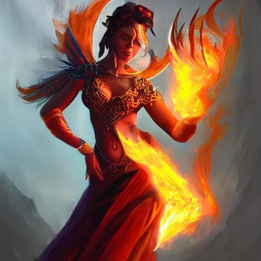 Image similar to A stunning painting of a flame goddess by Andrews Esao, fantasy, Trending on artstation.