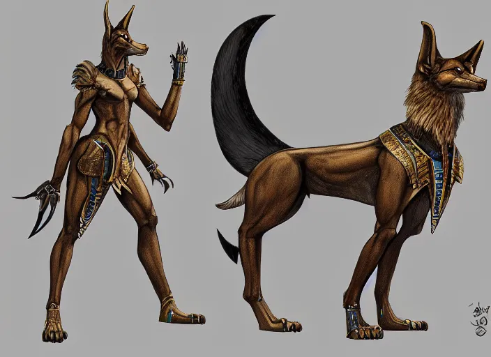 Prompt: award winning concept art fullbody egyptian wolf anubis character design of a egyptian anubis monster wolf. egyptian wolf deviantart adoptable, deviantart species style of maple story and rossdraws, artgerm, studio lighting by jessica rossier and brian froud, traditional, artstationhd artstation, disney, hq textures