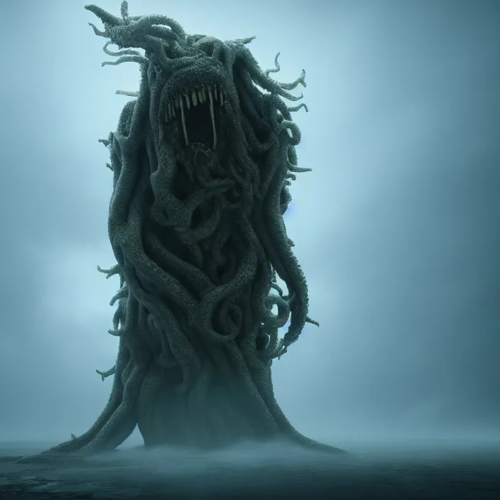 Image similar to a lovecraftian monster emerges out of the clouds, volumetric lighting, fog, atmospheric, high resolution, rendering, octane, redshift