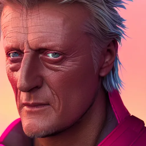 Image similar to rutger hauer as a fantasy rogue, closeup character portrait, symmetrical perfect face, porcelain skin, pink twintail hair and cyan eyes, ultra detailed, digital art, unreal engine 5, octane render, 2 d anime, 8 k