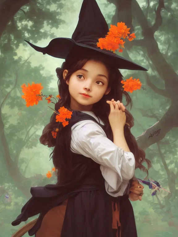 Image similar to Full shot of a cute mischievous young witch about to get up to some trouble. Latin American fashion. Floral patterns. Black and Orange palette. Latina girl. brown skin. defined facial features, symmetrical facial features. By Ruan Jia and Artgerm and Range Murata and WLOP and Ross Tran and William-Adolphe Bouguereau. Key Art. Fantasy Illustration. award winning, Artstation, intricate details, realistic, Hyperdetailed, 8k resolution.