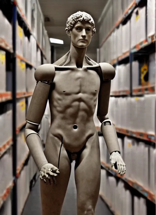 Image similar to a humanoid robot with an adult male human looking face is the statue david by michelangelo, polaroid, flash photography, photo taken in a dark storage room where you can see empty shelves in the background,