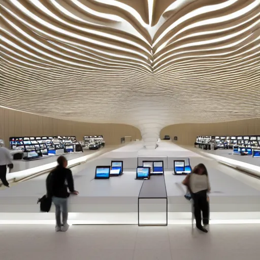 Prompt: marketing photo of an Apple store designed by Saha Hadid,