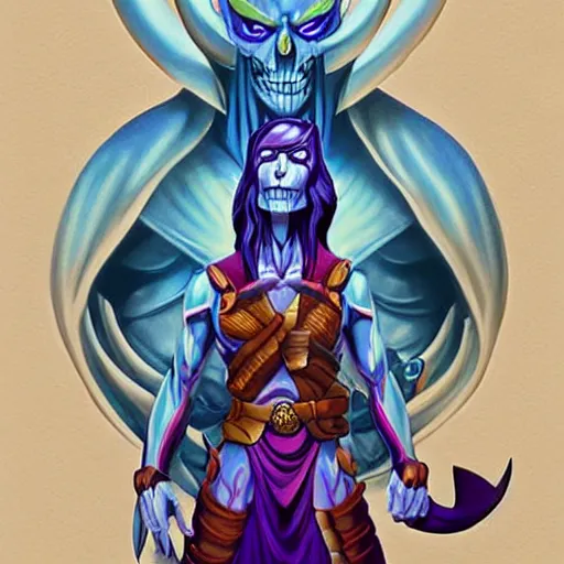 Image similar to avatar painting of skeletor, dnd beyond avatar portraits, beautiful, artistic, elegant, lens flare, magical, nature, realism, stylized, art by jeff easley and genndy tartakovsky