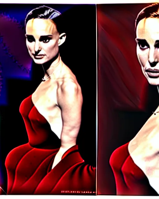 Image similar to Natalie Portman, wearing an evening gown, vera wang couture, very detailed portrait, ultrarealistic, dramatic lighting, electrical details, high details, 4k, 8k, best, accurate, trending on artstation, fur, artstation, photorealism, ultrarealistic, digital painting, style of Dali, Caravaggio, Boris Vallejo