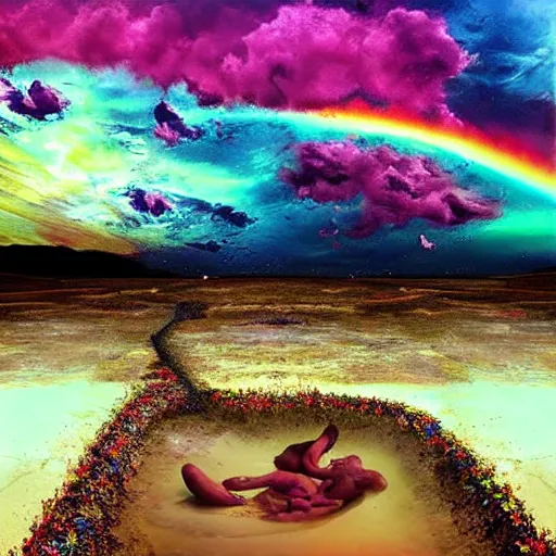 Image similar to life before birth and death after destruction, surreal and colorful