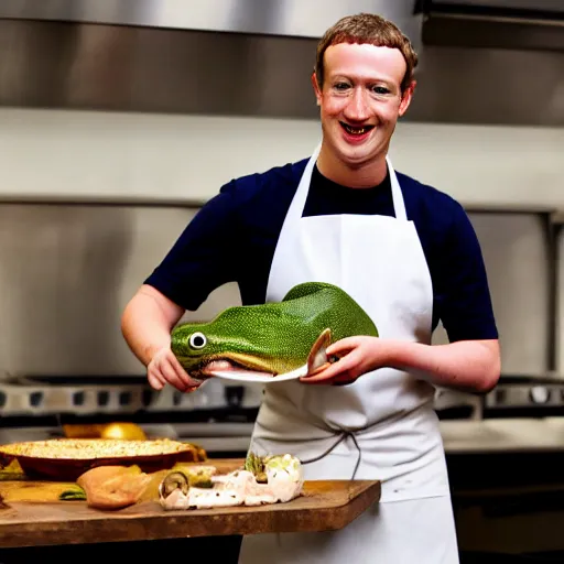Prompt: mark zuckerberg as a chef offering you a live frog on a plate