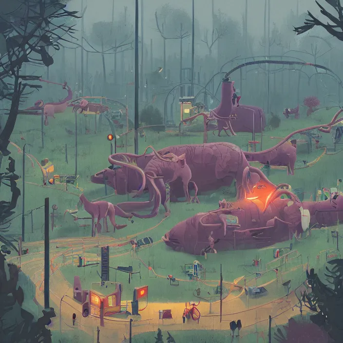 Image similar to a beautiful day at the zoo, by simon stalenhag