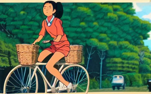 Prompt: a girl riding a bike with a basket in a small town, 1970s philippines, art by hayao miyazaki, studio ghibli film, hi res, 4k, detailed!!!!!!! face!!!!!!!