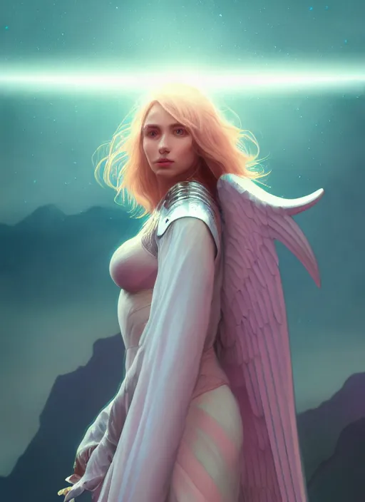 Image similar to angel with big wings, low key light, full plate armor with cloth, f 1 6, bokeh, extreme close up portrait, gentle, female, mountain, storm, god rays, landscape, d & d, fantasy, elegant, teal pink white gold color palette, concept art, moebius, greg rutkowski, alphonse mucha