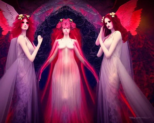 Image similar to three stunning gothic goddesses with beautiful angelic faces, wearing psychedelic wicca, in wedding dresses, red neon roses, full body, long flowy hair, dark and mysterious, atmospheric, ominous, eerie, volumetric cinematic light, epic, 8 k 3 d, ultra detail, ultra realistic, by wlop, by mucha