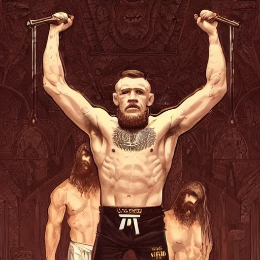 Image similar to hulking conor mcgregor crucified on the cross, masterpiece, intricate, elegant, highly detailed, digital painting, artstation, concept art, smooth, sharp focus, illustration, art by artgerm and greg rutkowski and alphonse mucha and uang guangjian and gil elvgren and sachin teng, symmetry!!