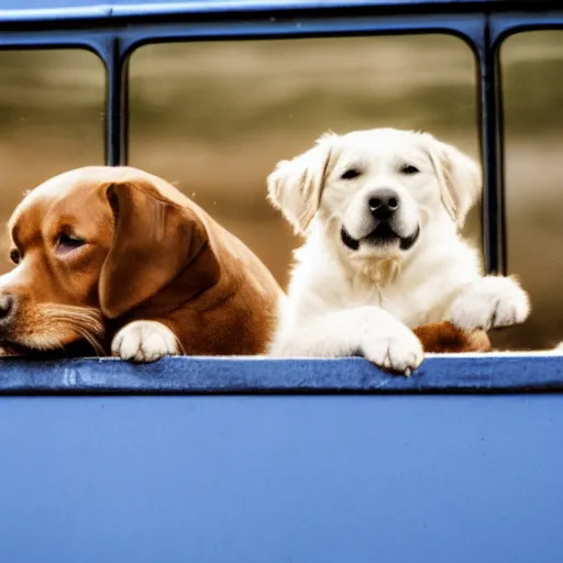 Image similar to a photo of two dogs sitting in front of the bus, hd award winning photograph, high detailed, 2001 style