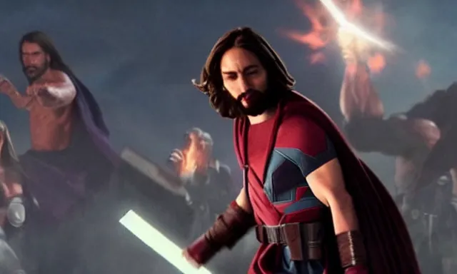 Image similar to jesus christ fighting alongside the avengers, using his cross as weapon, photorealistic, cinematic lighting, extremely detailed, marvel cinematic universe