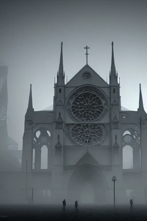 Prompt: misty artistic rendering Cathedral of Notre Dame, ash in the air, silent hill style, 8k resolution, octane render, volumetric lighting popular on artstation, popular on deviantart,