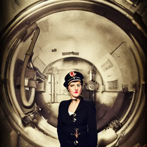 Image similar to simona sbaffi as a dieselpunk submarine captain, portrait, photography by anna fischer